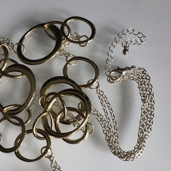Asymmetrical Silver & Gold Tone Necklace Circles Joined Together With Chains - Picture 2 of 5